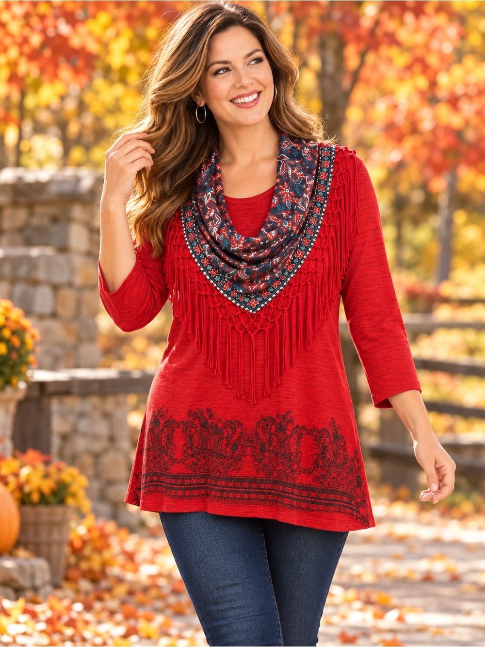 CLOVER+PINE Red Fringe-Trim Neck Scarf Removable! Cowl Neck Sweater 3/4 Sleeve - Picture 1 of 5